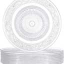 10 Pcs 11.8 Inch Acrylic Crystal Dinner Plates, Clear Round Plastic Serving Platter Trays Vintage Dragon and Phoenix Embossed Dinnerware for Serving Food Salad Pasta Fruit Home Party Wedding