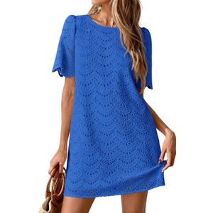 PRETTYGARDEN Women's 2026 Summer Casual Short Dresses Embroidered Lace Short Sleeve Boho Mini Dress Beach Vacation Clothes (Blue, S)
