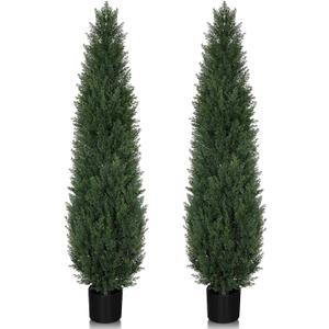 Artificial Cedar Topiary Trees, 5FT UV Resistant Topiary Trees Artificial Outdoors, Realistic Pre-Potted Faux Cypress Plants for Outdoor Porch, Home Entryway, and Garden Decor, Set of 2