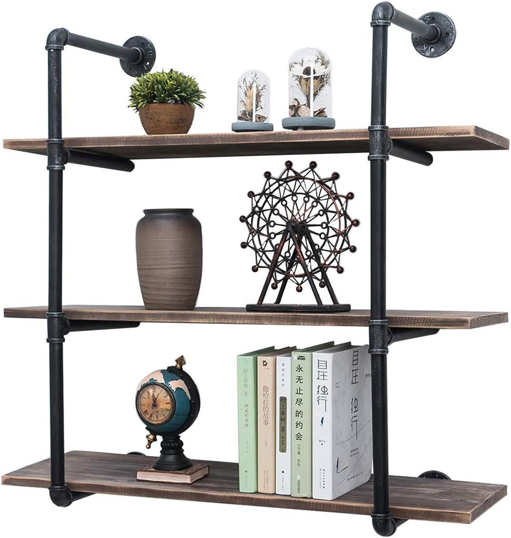Industrial Pipe Shelving Wall Mounted,36in Rustic Metal Floating Shelves,Steampunk Real Wood Book Shelves,Wall Shelf Unit Bookshelf Hanging Wall Shelves,Farmhouse Kitchen Bar Shelving(3 Tier)