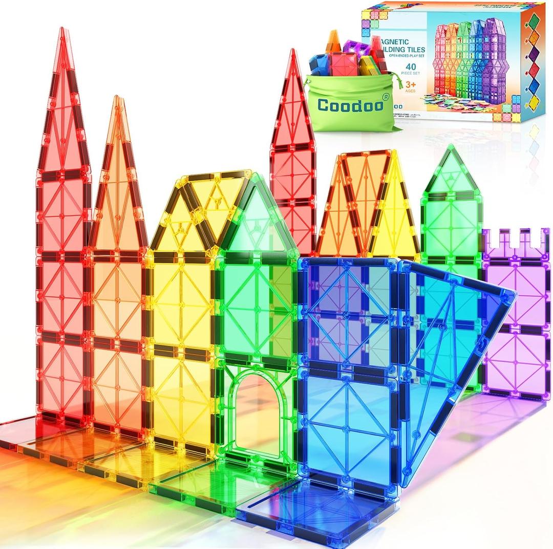 Coodoo Magnetic Tiles Kids Toys STEM Magnet Toy for Toddler Magnetic Blocks Building Preschool Learning Sensory Montessori Toys for 3+ Year Old Boys and Girls, Safe Creativity Toddler Kids Toy 40PCS (Multicolored)