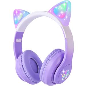 Kids Bluetooth Headphones with LED Cat Ears, Wireless/Wired Mode Headphones for Kids, Foldable Stereo Over Ear Headphones with Built-in Mic for School Birthday Xmas Gift (Purple)