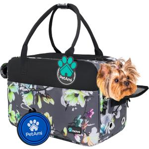 PetAmi Dog Purse Carrier for Small Dogs, Airline Approved Soft Sided Pet Carrier with Pockets, Ventilated Dog Carrying Bag for Puppy Cat, Dog Travel Supplies Bag, Sherpa Bed, Max 12 lbs, Floral Gray (One Size (Pack of 1))