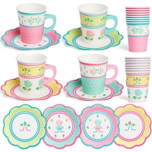 xo, Fetti Tea Party 9oz Cups and Saucers Set - 32 Piece Drinkware Set | Garden Party, Fancy Birthday, Easter, Pastel, Floral, Coquette, Vintage