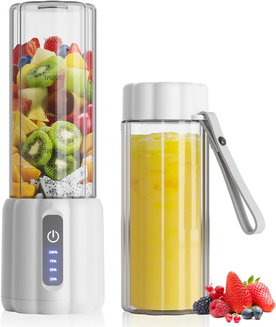 COKUNST Portable Blender, Small Smoothie & Shake Maker with LED Display, 17 oz (500ml) Personal Blender with 6 Blades, USB C Rechargeable Juice Mixer with Extra Lid for Travel, Office, Gym, Home (White)