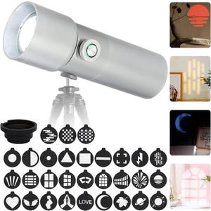 Photography Studio 10W LED Flashlight Spotlight with 30 Gobos/4 Colors/CRI95+/3 Lighting Modes & Built in 7500mAh Rechargeable Battery for Recording Studio Video Lighting.