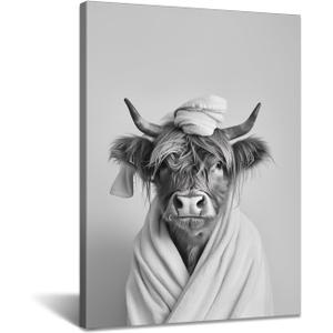 SANGGUOBIN Funny Highland Cow Canvas Wall Art Cow in a Bathrobe Prints Black and White Farm Animal Art Poster for Bedroom Bathroom Wall Decor(Black White-1,16x24inch)