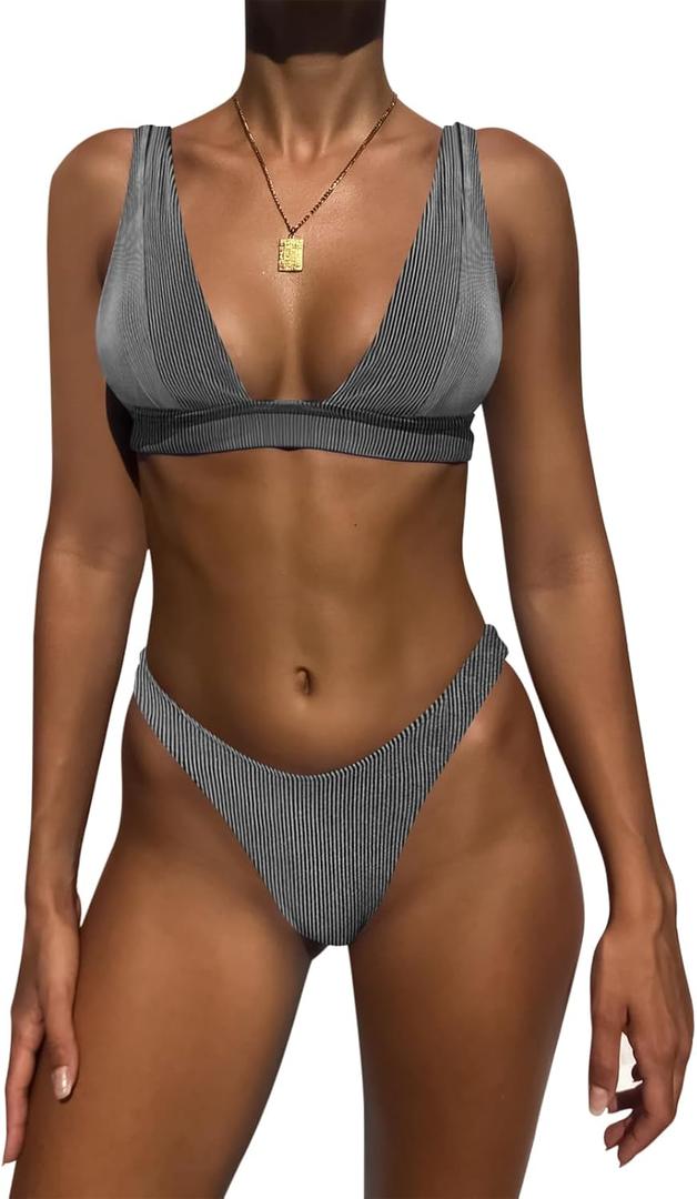 Bathing Suits for Women Deep V Neck Sexy Two Piece Bikini Sets for Women Thong Halter Cheeky Swimsuit (Medium, Black Stripe)