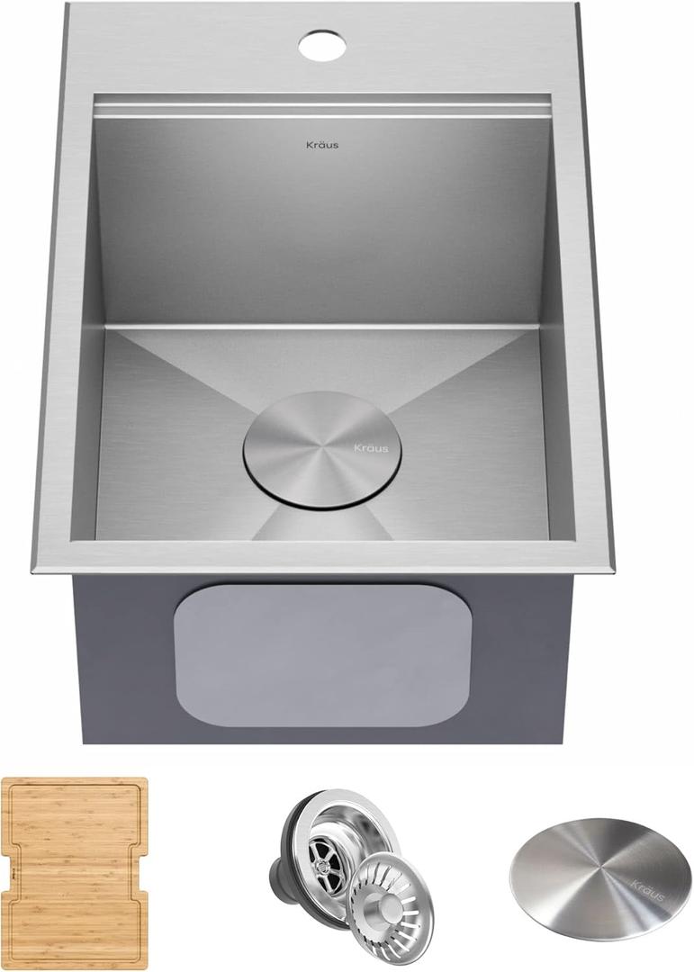 Kraus KWT311-15-316 Kore Outdoor Workstation Drop-In 16 Gauge Marine Grade T-316 Stainless Steel Single Bowl Kitchen Bar Sink with Accessories, 15 x 22 inch