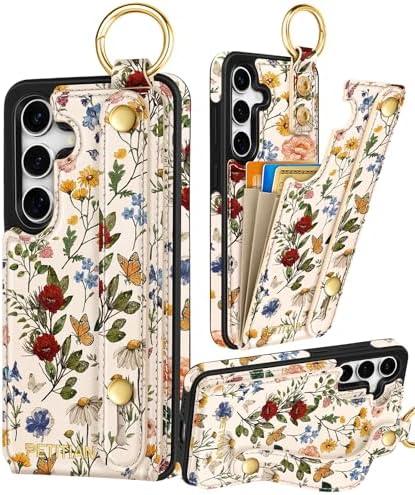 Petitian for Samsung Galaxy A35 5G Case with Wallet - Women Girls Cute Girly Aesthetic Unique Design Leather Credit Card Holder Cardholder Stand Wristband for Galaxy A35 5G, Vin Flower