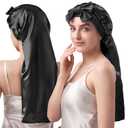 YFONG Double-Layered 100% Pure Mulberry Silk Bonnet for Long Hair, 22 Momme Silk Hair Bonnet for Sleeping with Elastic Tie Band, Real Silk Sleep Cap for Women Long Curly Hair, Black