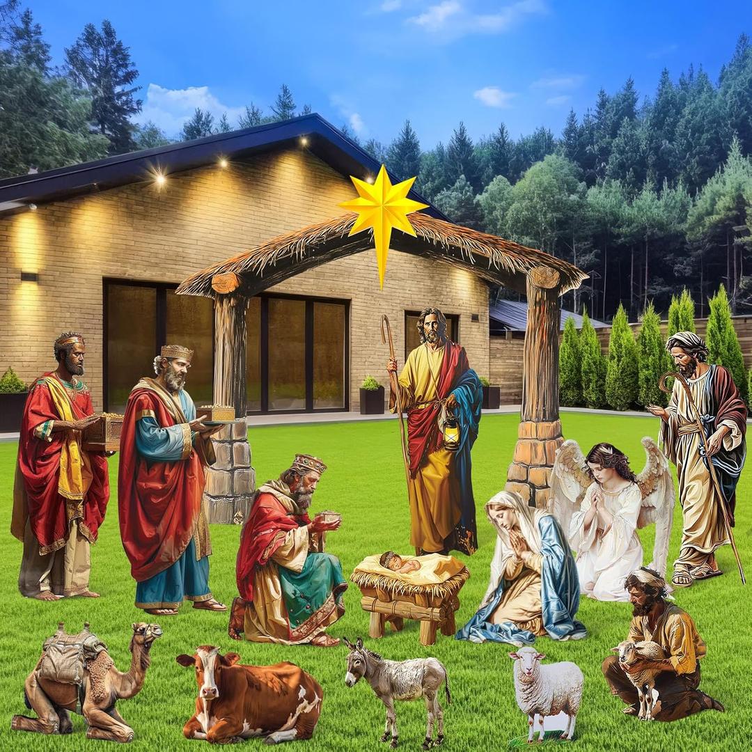 14 Pcs Christmas Outdoor Nativity Scene Set Large Nativity Lawn Sign 51" Tall Manger Scene Outdoor Holy Family Yard Decoration PVC Weatherproof for Christmas Xmas Outside Yard Lawn Decor