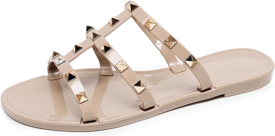 Women Flats Sandals, Studded Jelly Shoes Size 37 Red Dressy Summer Beach Rivets Strappy Jellies Slide Slip On Open Toes (Beige)