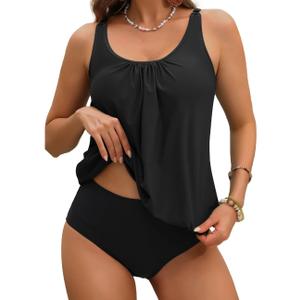 Yonique Two Piece Tankini Swimsuits for Women Blouson Bathing Suits Modest Swimwear M