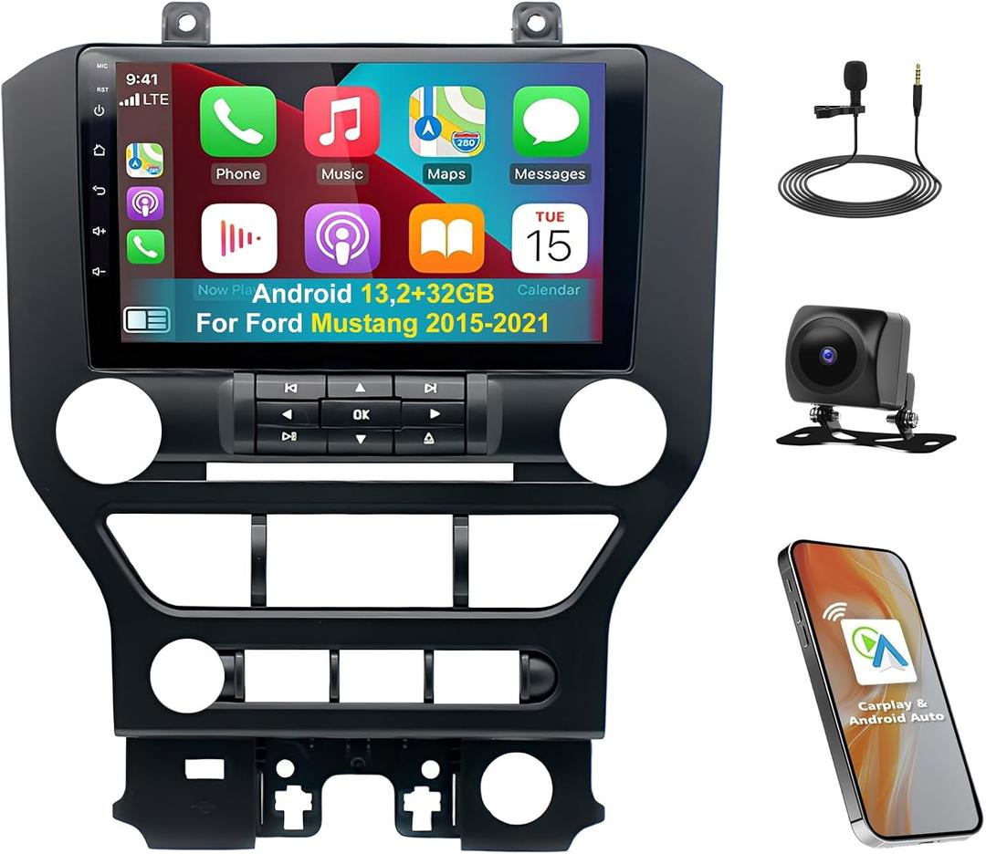 Android 13 car Radio for Ford Mustang 2015-2020-Wireless Carplay and Android Auto, [2+32GB] 9 Inch Touch Screen Upgrade for Mustang in-Dash Navigation GPS Unit, WiFi, BT, HiFi, SWC, Backup Cam