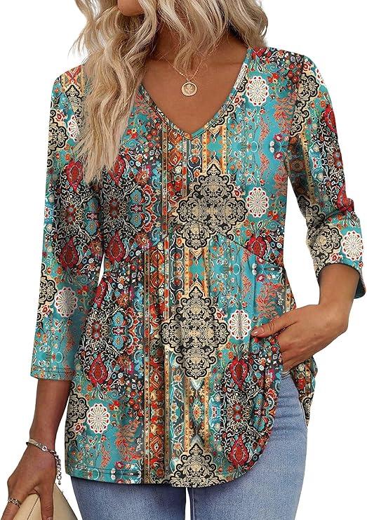 3/4 Length Sleeve Womens Tops 2025 Blouses for Women Dressy Casual Fashion Clothing V Neck Babydoll Tops Fall Outfits, XXL