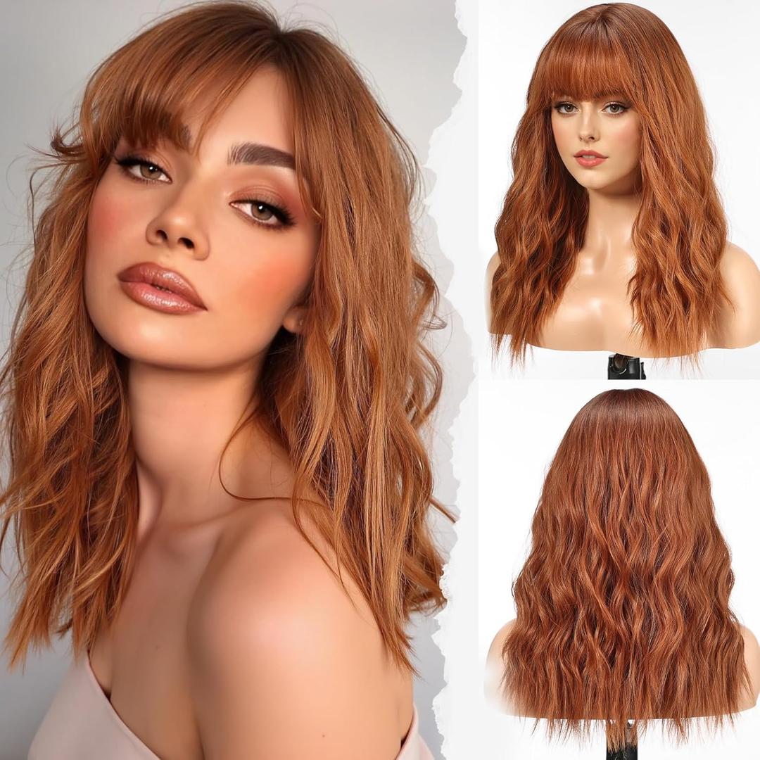 HAIRCUBE Long Wig with Bangs Synthetic Wavy Wigs for Women Auburn Color
