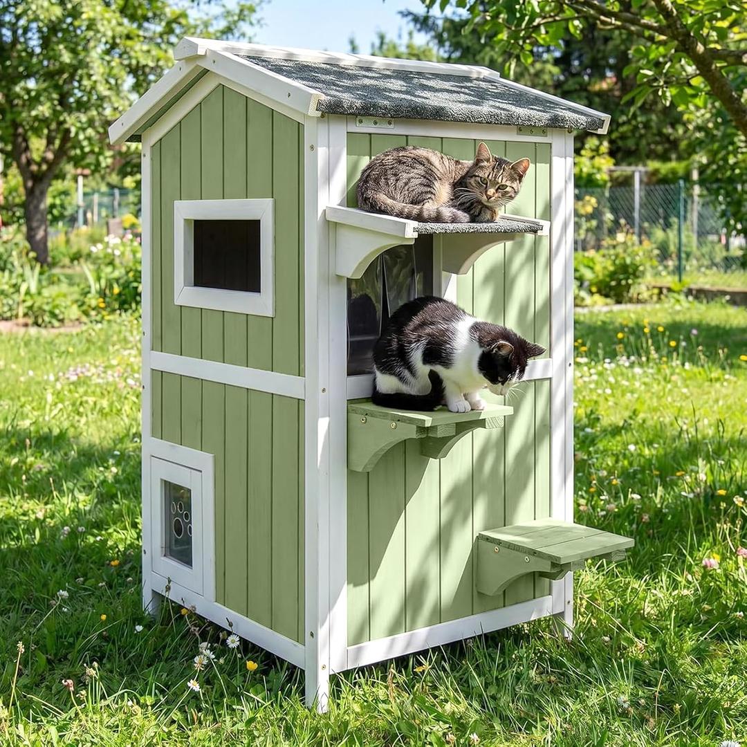 2-Story Weatherproof Wooden Outdoor Cat House