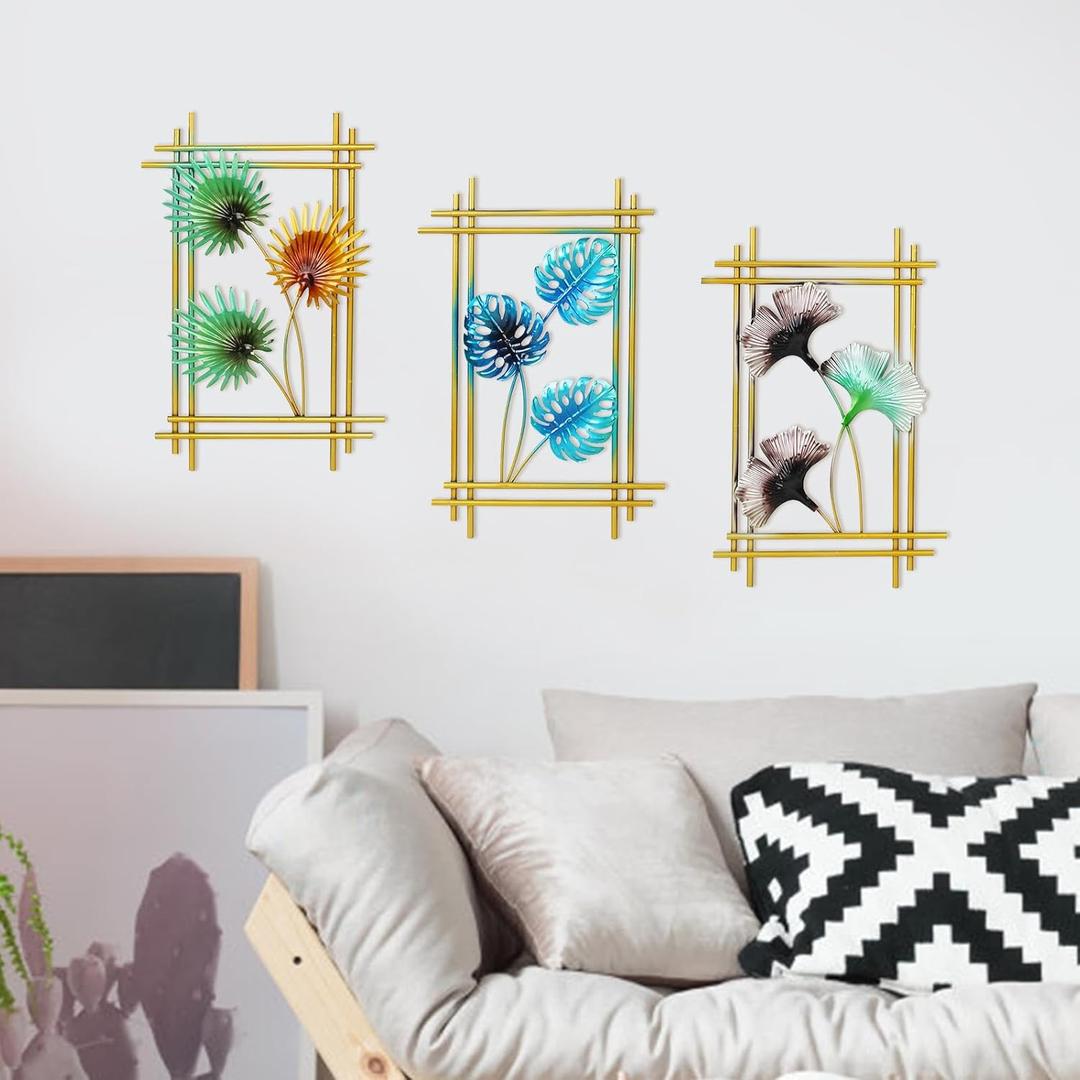 3 Pcs Gold Metal Wall Decor Wall Art, Modern Metal Leaf Wall Sculpture for Livin