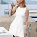 Women's Sexy Boat Neck Mini Dresses Sleeveless Ruffle Hem Party Short Dress (White, L)