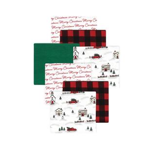 Little Treasure Hudson Baby Cotton Poly Flannel Receiving Blankets Multipack, Red Christmas Scene, 30x30 inches