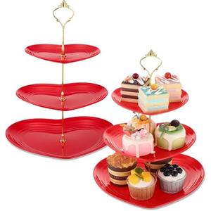 Layhit 2 Pack Easter 3 Tier Cupcake Stand Heart Shaped 3 Tiered Serving Trays for Party Plastic Tray Dessert Cupcake Stand for Tea Party Baby Shower Wedding (Red)