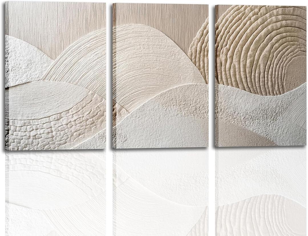 skysoon 3 Panels Neutral Abstract Wall Art, Minimalist Textured Canvas Wrapped Wall Decor, Beige Modern Boho Nordic Artwork for Living Room Bedroom Office 16x24 Inch