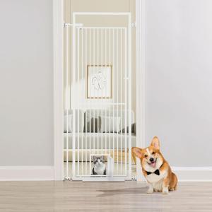 BEURUKU 78.3" Extra Tall Pet Gate for Cat Dog, 29.3" -32" Wide Baby Gate with Cat Door, NO Drilling Pressure Mounted for Doorways, Stairs, Hallways, White