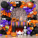 Halloween Balloons Arch, Halloween Party Decoration, Spider Balloon Garland Arch Kit, Pumpkin Foil Balloon Orange Black Purple Confetti Latex Balloons with 3D Sticker for Indoor Outdoor Party Supplies