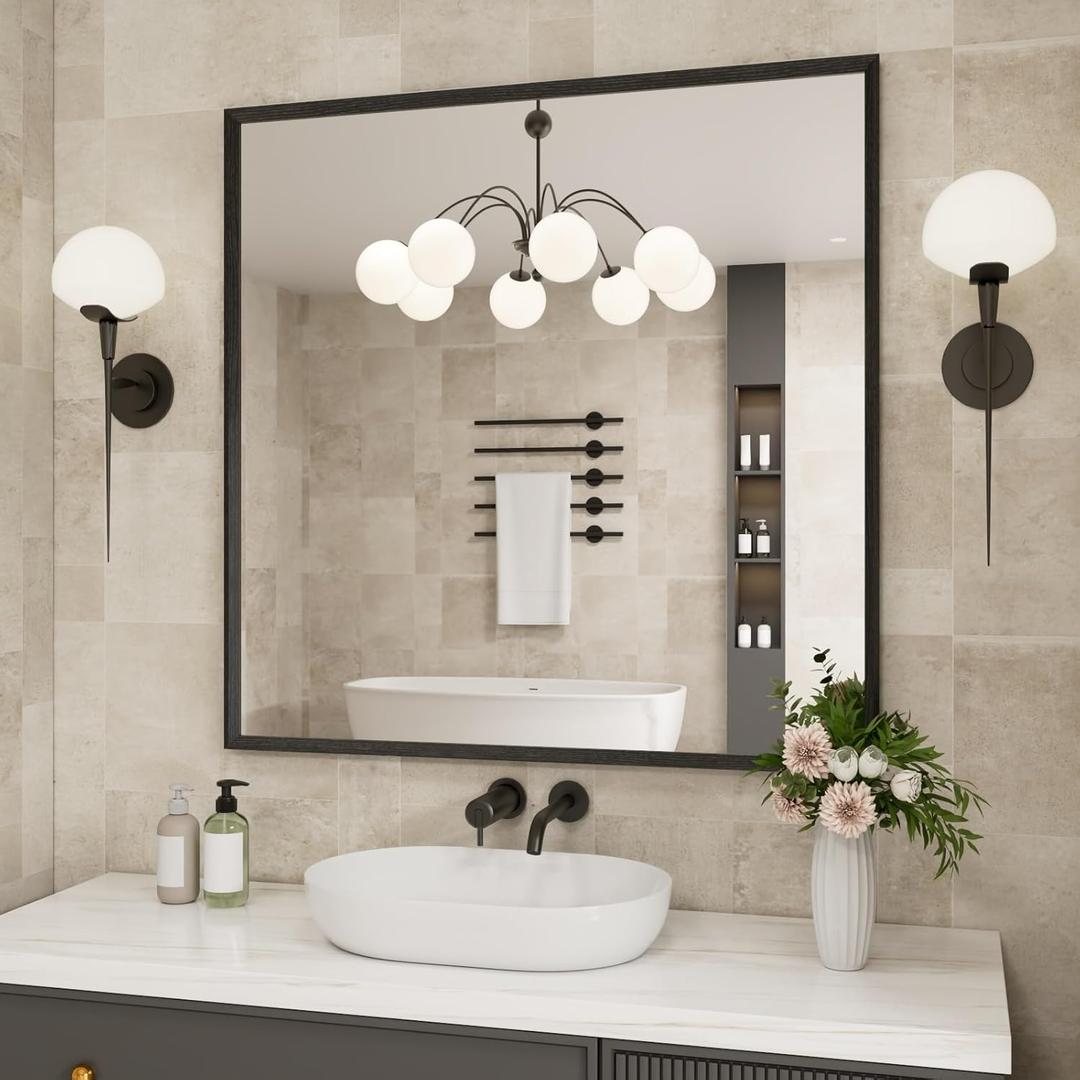 JISOSO Bathroom Vanity Mirror 36x36 Inch, Matte Black Rectangle Bathroom Mirror, Anti-Rust, 4MM Tempered Glass, Wall-Mounted Mirror, Hangs Horizontally or Vertically for Bathroom & Bedroom (Black_wood Grain)