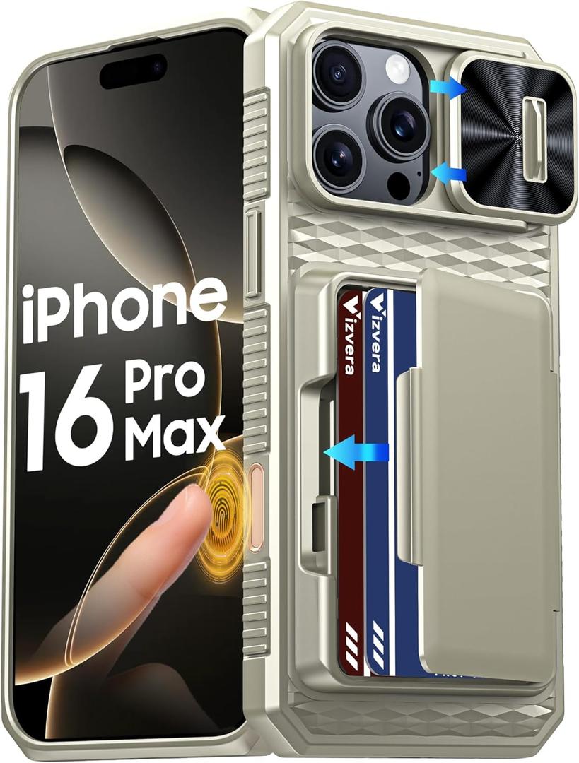 Vizvera for iPhone 16 Pro Max Case Wallet RFID [Cards Holder][Camera Control][Camera Cover] Full Body Rugged Shockproof Silicone Protective Phone Case for iPhone 16 Pro Max 6.9"(Natural Titanium)