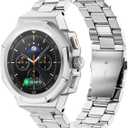 Case with Band for Samsung Galaxy Watch 8 Classic 46mm, Luxury Metal Face Cover with Tactical Stainless Steel Strap Military Protection for Men, Silver