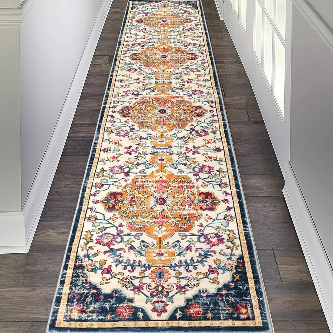 Pauwer Boho Hallway Runner Rug 2x10 Washable Entryway Area Rugs Non Slip Farmhouse Vintage Floor Mat Carpet Runner for Hallways Laundry Room Kitchen Bathroom Bedroom (Ivory/Orange)