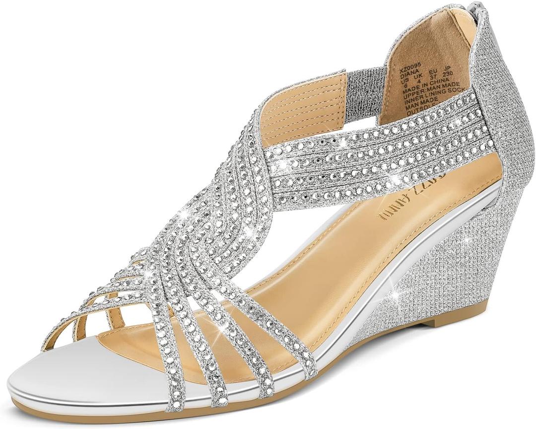 PIZZ ANNU Women's Diana Low Wedge Sandals Sparkly Rhinestone Open Toe Fashion Dress Shoes for Woman Lady in Bridal Dance Evening (7.5)