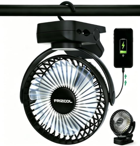 Clip on Fan 65 Hours Portable Desk Fan Rechargeable with LED Lights & Hooks 12000 Capacity Battery Operated Fan with Clips Small Desk Fan Mini Fans for Tents Travel Outdoor Camping Golf Cart, Black