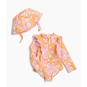 Long Sleeve Swimsuit & Bucket Hat, Size 4T