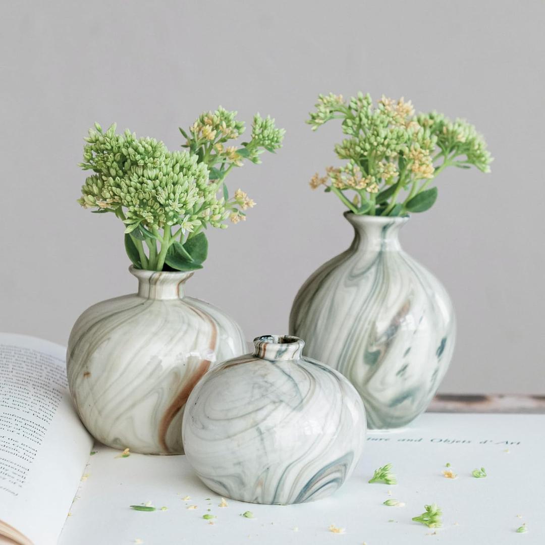 Creative Co-Op Decorative Stoneware Vases with Marbled Designs, Green, Set of 3