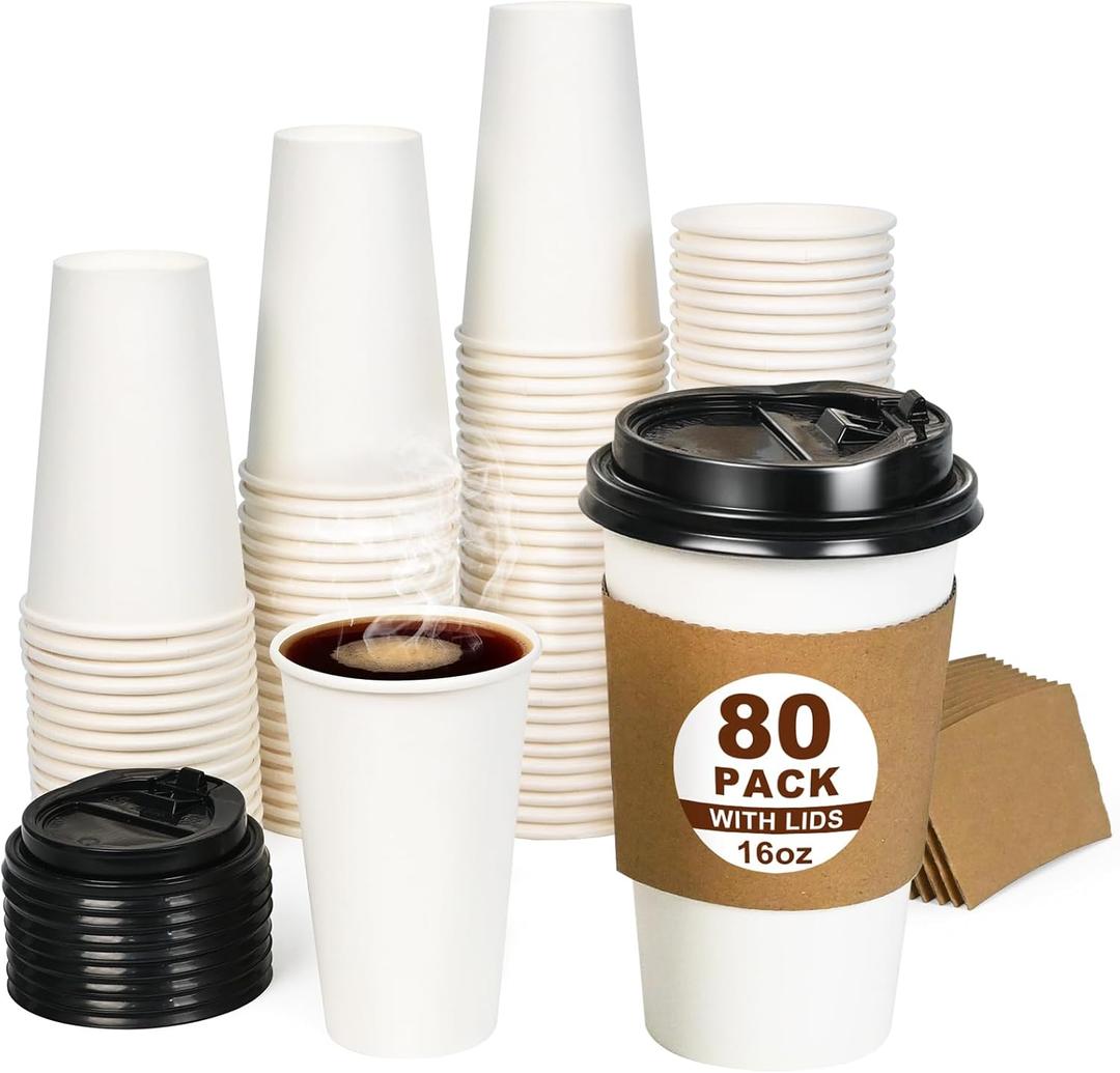 ESSENTIAL 16 oz Heavy Duty Coffee Cups with Lids, Sleeves & Labels80 Pack Disposable Paper To Go Cups, for Hot/Cold Beverage, Offices, Homes, Party