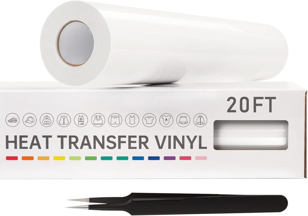 VinylRus Heat Transfer Vinyl-12 x 20ft White Iron on Vinyl Roll for Shirts, HTV Vinyl for Silhouette Cameo, Easy to Cut & Weed