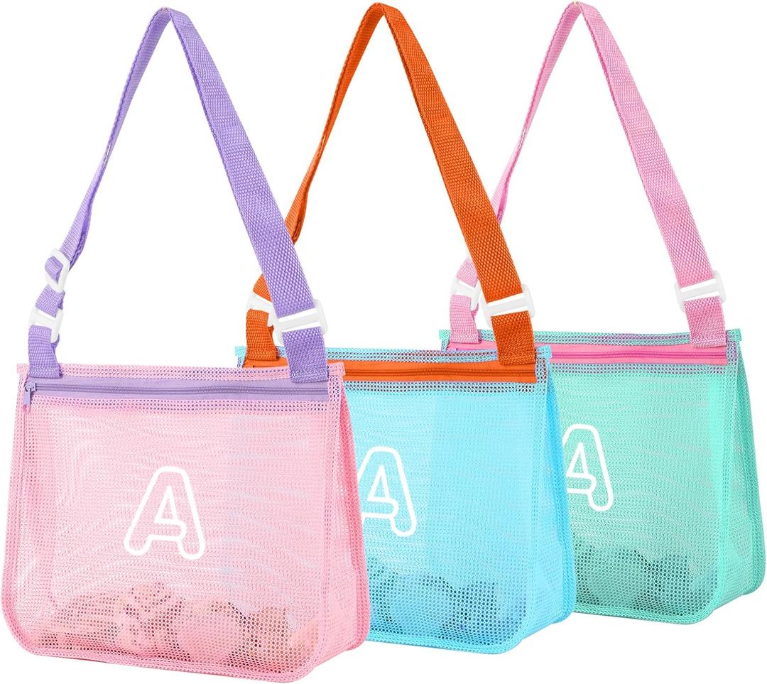 3Pcs Personalized Kids Beach Shell Bag, Initial Seashell Mesh Zipper Beach Pouch, Shell Collecting Bag for Holding Shells with Adjustable Straps, Sand Toys Swim Pouch Gift for Girl Boy Teens(Letter A) (Blue/Pink/Lightgreen)