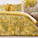 MUSSEL Yellow Bedding Queen Comforter Set 3 Pieces,Vintage Botanical Floral Pattern Bed Comforter Sets, Boho Whimsical Modern Printed Design Cute Seersucker Bedroom Comforter and Shams