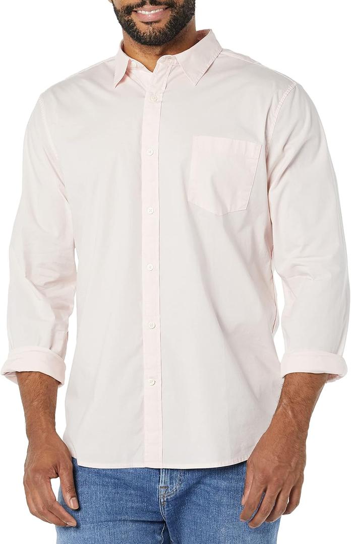 Amazon Essentials Men's Long-Sleeve Slim-Fit Stretch Poplin Shirt (Small, Pink)