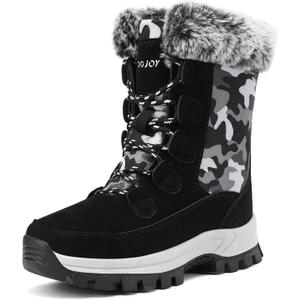 COOJOY Womens Waterproof Winter Snow Boots Warm Shoes Furry Mid Calf Lightweight Walking Hiking Booties (9, Camo Black)