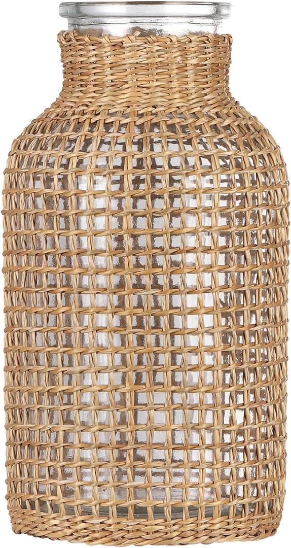 WHJY Boho Glass Vase, Rattan Vase, Farmhouse Rattan Dcor, Round Flower Vase Basket Vase for Floral Arrangements -8 inch (Large)