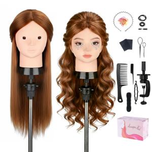 Mannequin Head with 80% Human Hair, TopDirect 24" Brown Real Hair Cosmetology Mannequin Head Hair Styling Hairdressing Practice Training Doll Heads with Clamp Holder and Tools