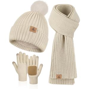 LOROME Women Winter Beanie Hat Scarf Gloves Set, Fleece Knitted Pompom Hat Warm Neck Scarf Touchscreen Gloves Winter Gift (Oatmeal)