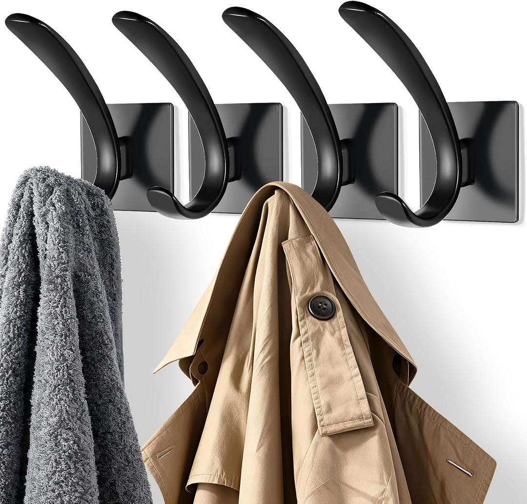 Self Adhesive Towel Hooks, Matte Black Metal Hooks,Waterproof Stainless Steel Hanger Coat Hooks for Hanging Coat,Towels, Bath Robe in Bathroom Kitchen Home