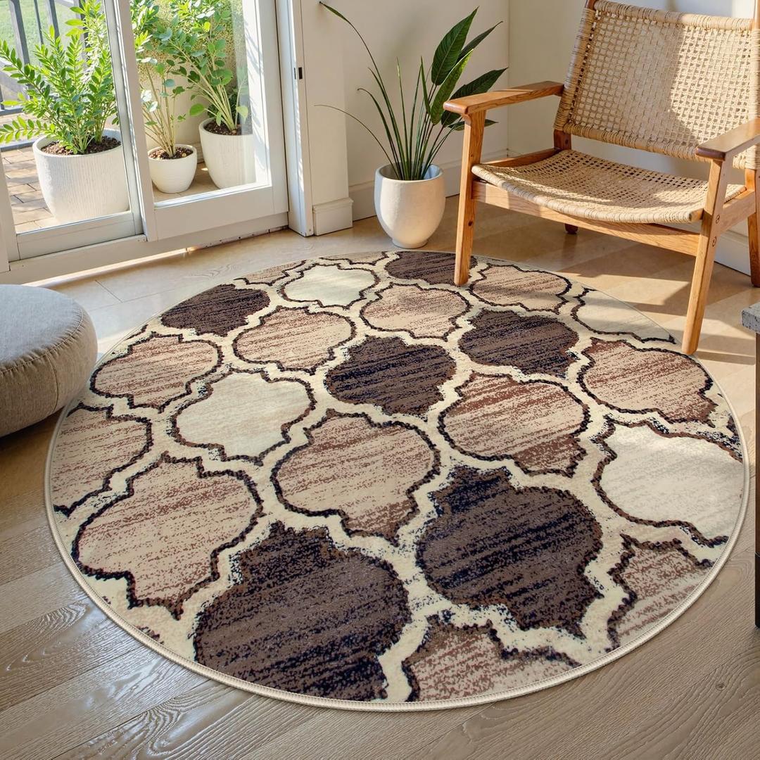 Lahome Moroccan Round Rugs - 4x4 Washable Non-Slip Small Round Area Rug Throw Soft Circle Rugs for Bedroom, Modern Print Indoor Round Carpet for Entryway Sofa Kitchen Living Room (Coffee, 4Ft-Round)