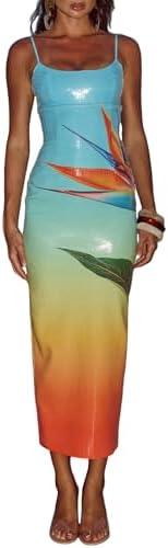 Owl's-Yard Women Sexy Maxi Dress Y2K Spaghetti Strap Floral Print Low Cut Backless Slim Fit Sequins Long Cocktail Dress XL