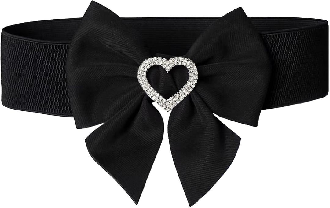 Women's Elastic Bow Belt with Heart-Shaped Rhinestone Stretch Ladies Belts for Dress (Large, Black)